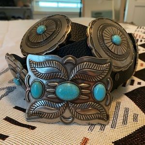 NWOT L&B Black leather concho belt with turquoise accents